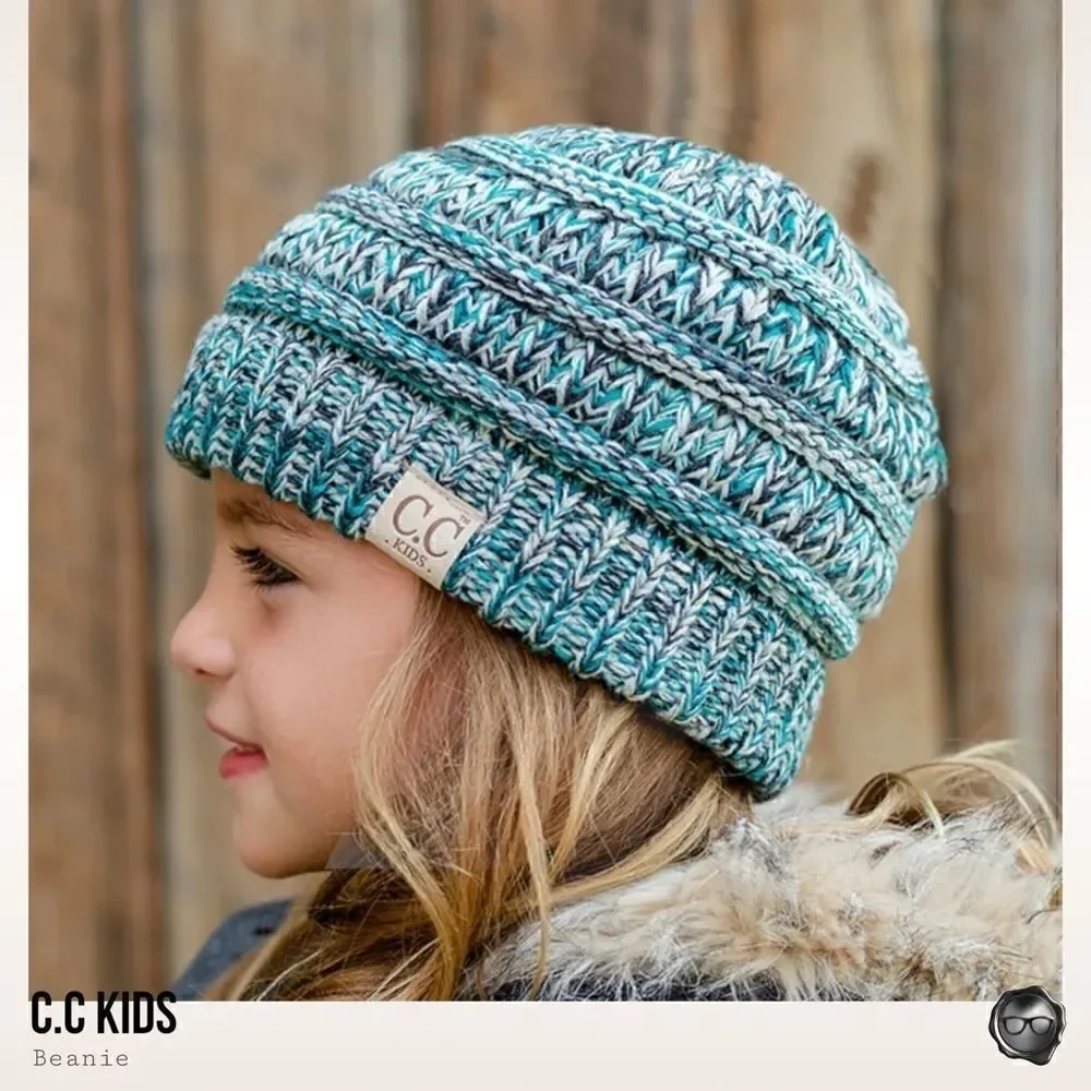 C.C KIDS BEANIE IN COOL CONFETTI GREEN & BLUE WARM CABLE KNIT WINTER CAP NO ITCH